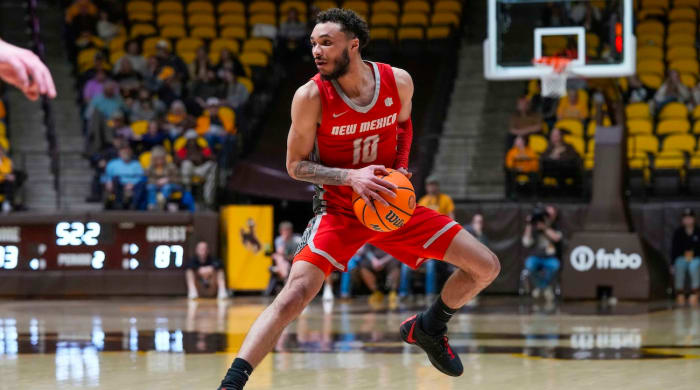 New Mexico Lobos guard Jaelen House (10) looks to pass against the Wyoming Cowboys during the second half at Arena-Auditorium in Laramie, Wyoming, on Feb. 6, 2024.